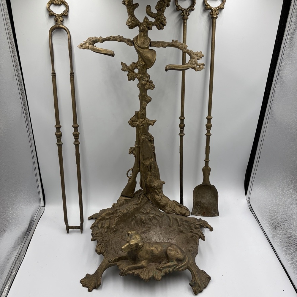 MCM Solid Brass Fireplace Tool Set French Baroque Hunting Dog & Rifle Country
